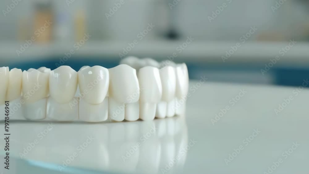 An impeccably detailed 3D model of a dental bridge, reflecting off the surface in a bright dental office setting, emphasizing oral health and dental solutions