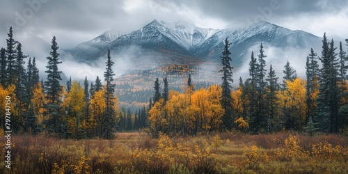 Fototapeta Naklejka Na Ścianę i Meble -  Autumn landscape of forest in Alaska in the morning