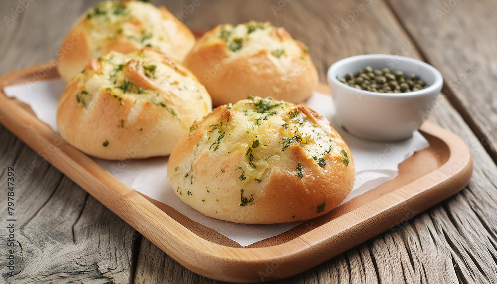 Fototapeta premium Close-up of fresh bread buns with garlic and pepper on wooden table. Tasty bakery. Delicious food.
