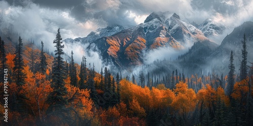 Autumn landscape of forest in Alaska in the morning
