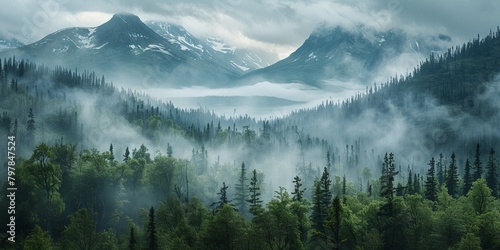 Misty forest landscape in Alaska photo