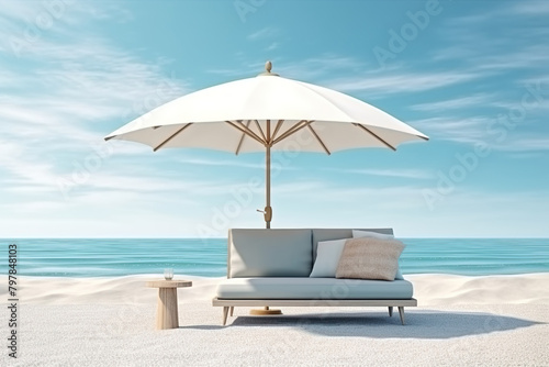 Grey cozy sofa with soft pillows on a sand beach with beautiful sea at background
