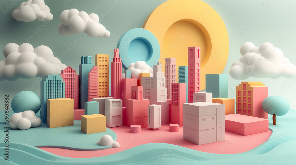 Surreal playful pastel urban landscape background, a miniature paper model city composed of various geometric shapes and forms to create a cityscape - obrazy, fototapety, plakaty 