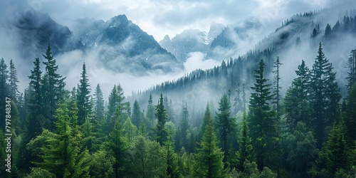 Misty forest landscape in Alaska