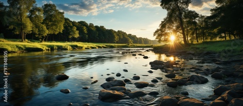 Panoramic view of the mountain river at sunset.