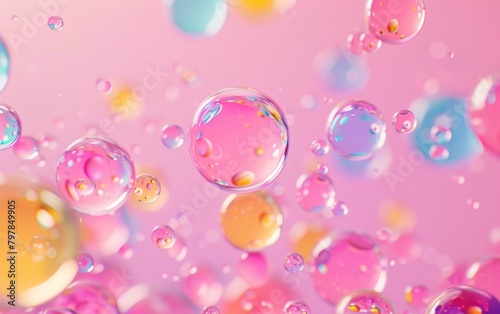 A pink background with many colorful bubbles floating in the air