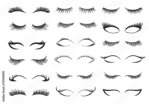 PNG, Professional glamor makeup. Set for growing the eyelashes isolated on white background. Bottled eyelashes of girls. Natural effect mascara. Black and white vector illustration of closed eyes