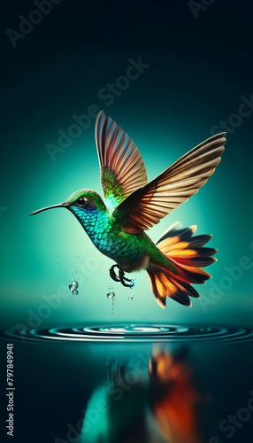 A vibrant hummingbird in mid-flight, its wings spread wide and its tail feathers fanned out. The hummingbird's plumage