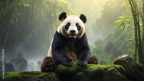 A panda is sitting on a rock in a bamboo forest. The panda is black and white with a round face and fluffy ears. It is looking at the camera. The background is green and there is a ray of sunlight shi photo