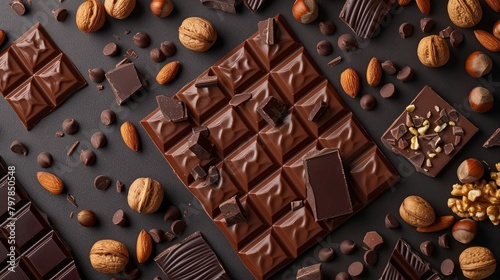 Chocolate and nuts, top view. Confectionery concept photo