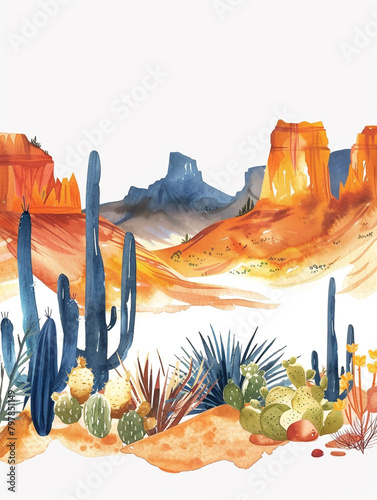 Western desert watercolor illustration. Covered by various types of cacti with a background of barren hilly terrain. photo