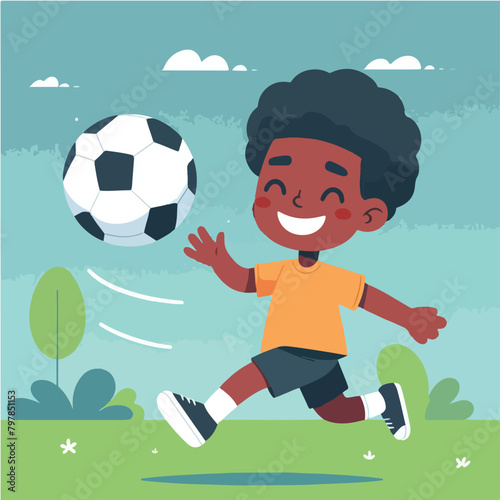 Vector a boy with an orange shirt is playing soccer photo