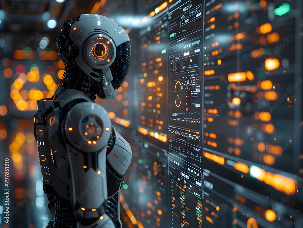 Concept image of a robot analyzing various data on a screen for the rapid development of technology and data analysis. Concept image of a robot analyzing various data on a screen for the rapid development of technology and data analysis.