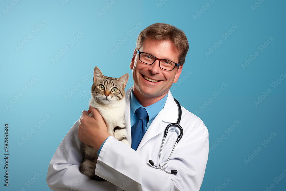 Middle aged man over isolated blue background with a cat Middle aged man over isolated blue background with a cat
