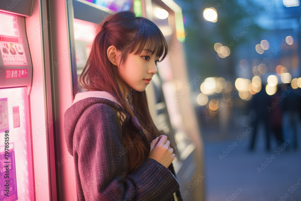 Teen pretty Japanese girl at outdoors using an ATM Teen pretty Japanese girl at outdoors using an ATM