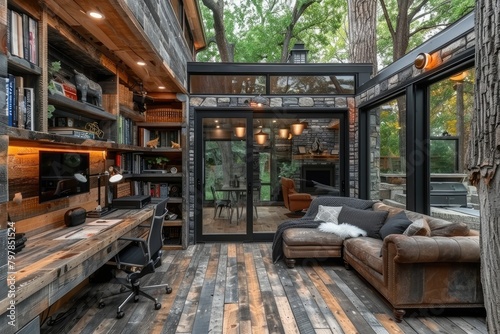 home office in the living room with wooden floor design style inspiration ideas