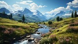 Panoramic view of alpine meadow with river and mountains