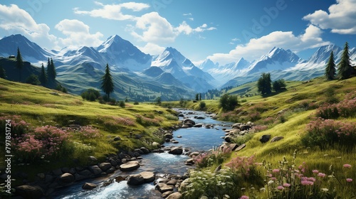 Panoramic view of alpine meadow with river and mountains © WaniArt