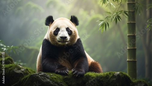 A panda is sitting on a rock in a bamboo forest. The panda is black and white with a round face and fluffy ears. It is looking at the camera. The background is green and there is a ray of sunlight shi photo