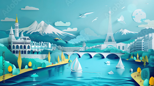 An illustration in the style of paper-cut of paris cityscape by river seine photo