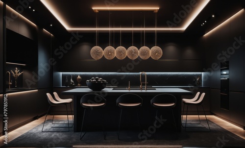 Minimalist modern interior in dark tones with ultra modern elegant lighting. Luxury Contemporary background