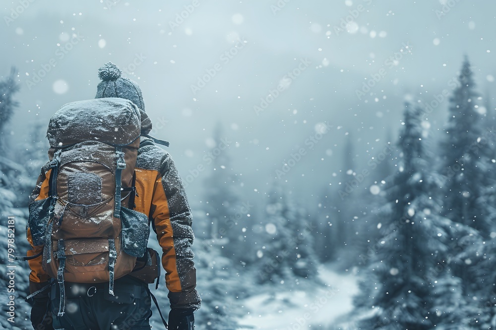 Fototapeta premium Snowshoer standing and looking at the path, adventure lifestyle concept