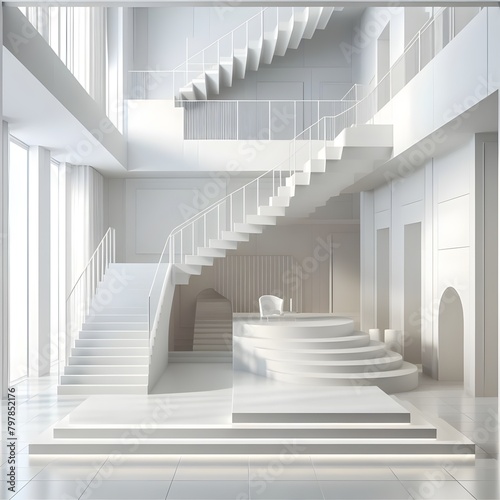 A white spiral staircase with a light hanging from the ceiling decoration in white color © Kaini