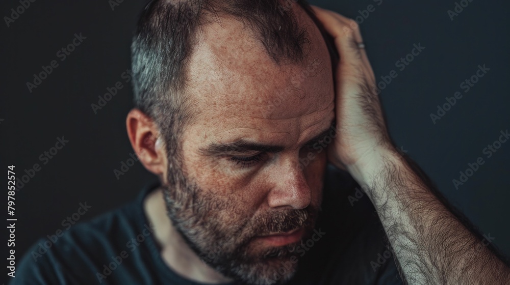 Portrait of a distressed man holding his head in his hands and looking down in despair on a dark background Portrait of a distressed man holding his head in his hands and looking down in despair on a dark background