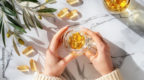 Hands holding a bottle of omega-3 supplements, part of a daily health and wellness routine, on a marble surface - AI generated