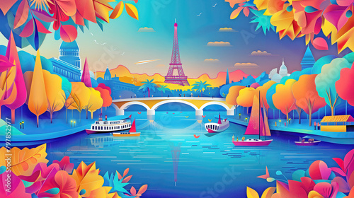 Illustration of textured paper-cut of paris cityscape
