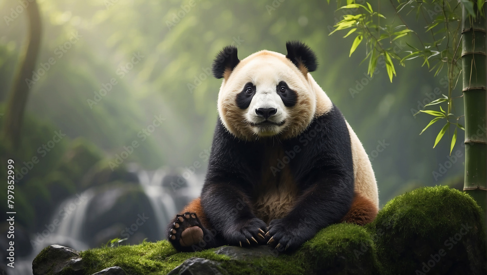A panda is sitting on a rock in a bamboo forest. The panda is black and white with a round face and fluffy ears. It is looking at the camera. The background is green and there is a ray of sunlight shi