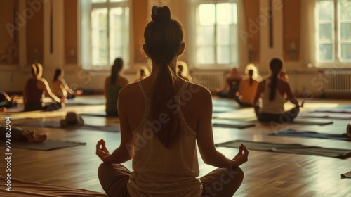 Group yoga meditation session with diverse people sitting in lotus position in studio during class