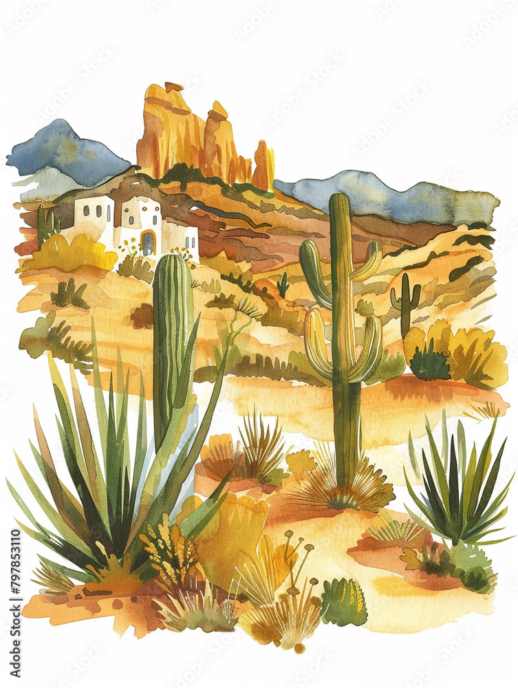 Western desert watercolor illustration. Covered by various types of cacti with a background of barren hilly terrain. - obrazy, fototapety, plakaty 
