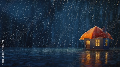 Miniature house protected by a red umbrella in the rain, a creative concept of home insurance and security - AI generated