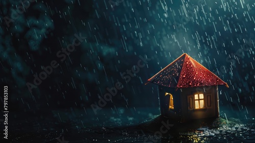 Miniature house protected by a red umbrella in the rain, a creative concept of home insurance and security - AI generated photo