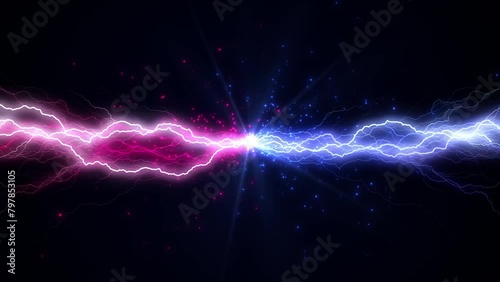 Lightning collision red and blue background, versus footage seamless loop. Powerful colored lightnings and the flash from the collision. Confrontation concept, competition vs match game. Versus battle photo
