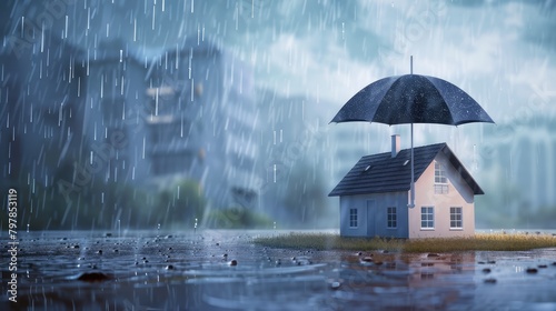 Miniature house protected by a red umbrella in the rain, a creative concept of home insurance and security - AI generated photo