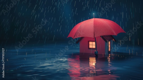 Miniature house protected by a red umbrella in the rain  a creative concept of home insurance and security - AI generated