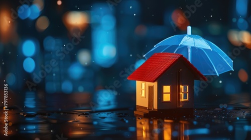 Miniature house protected by a red umbrella in the rain, a creative concept of home insurance and security - AI generated