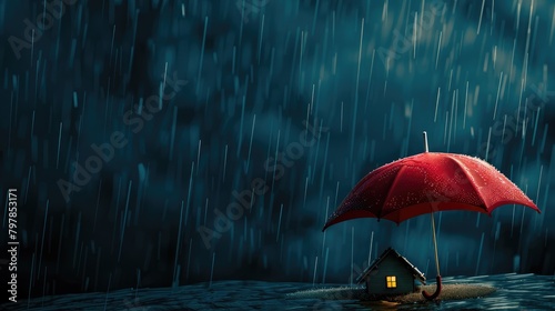 Miniature house protected by a red umbrella in the rain  a creative concept of home insurance and security - AI generated
