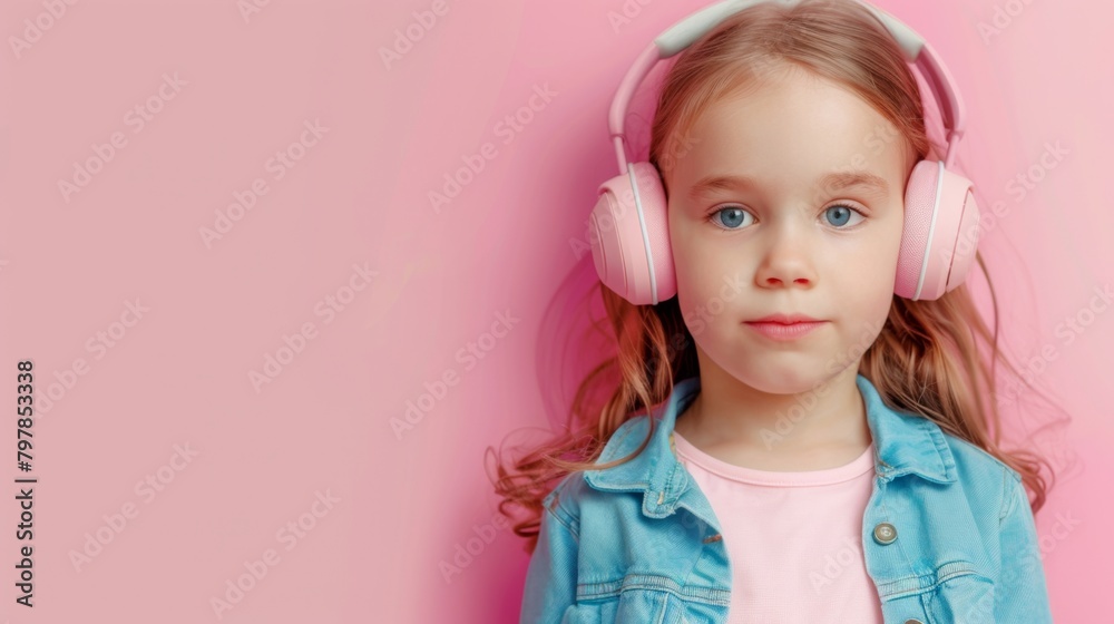 Little girl blonde hair wearing headphone, blue Little girl blonde hair wearing headphone, blue