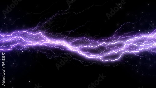 Glowing Lightning Thunderbolt Graphic Element Loop Overlay. Bright lightning striking through the center of the screen with sparks flying around the edges. Electrical shock and flashes, zap blast photo