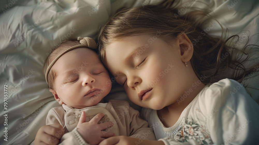 Portrait of big sister cuddling newborn, little baby. Girl lying with her new sibling in bed, closed eyes. Sisterly love, joy for new family member Portrait of big sister cuddling newborn, little baby. Girl lying with her new sibling in bed, closed eyes. Sisterly love, joy for new family member