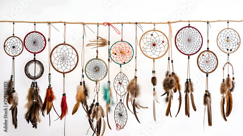 beautiful dreamcatchers on white background ,Macro view of real native dream catcher details on pure white background 
