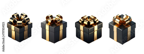 black and golden gift box set on transparent background 
