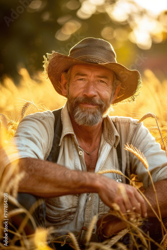A man is seated in a field of tall grass, surrounded by the natural environment