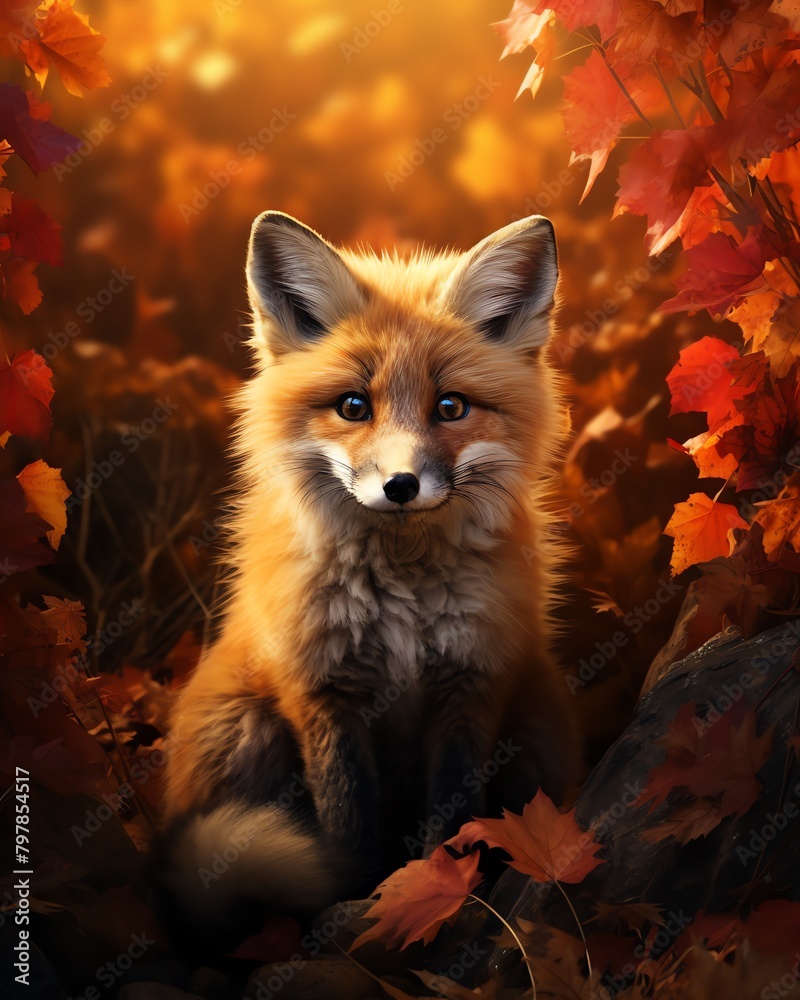 A fox blending into the fall landscape in a digital photorealistic rendering Focus on dynamic lighting and textures