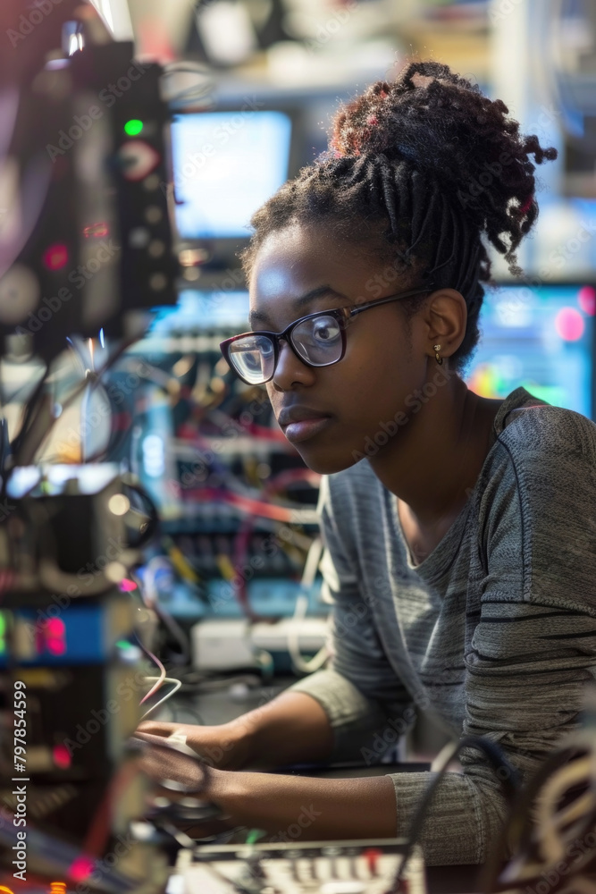 A focused young woman soldering components on a circuit board amidst electronic equipment A focused young woman soldering components on a circuit board amidst electronic equipment