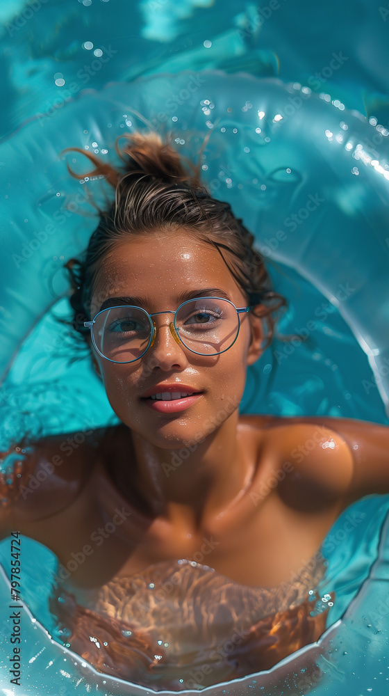 A beautiful brunette woman with glasses is swimming in a pool in summer