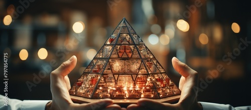 Close up of female hands holding pyramid with pyramids. photo
